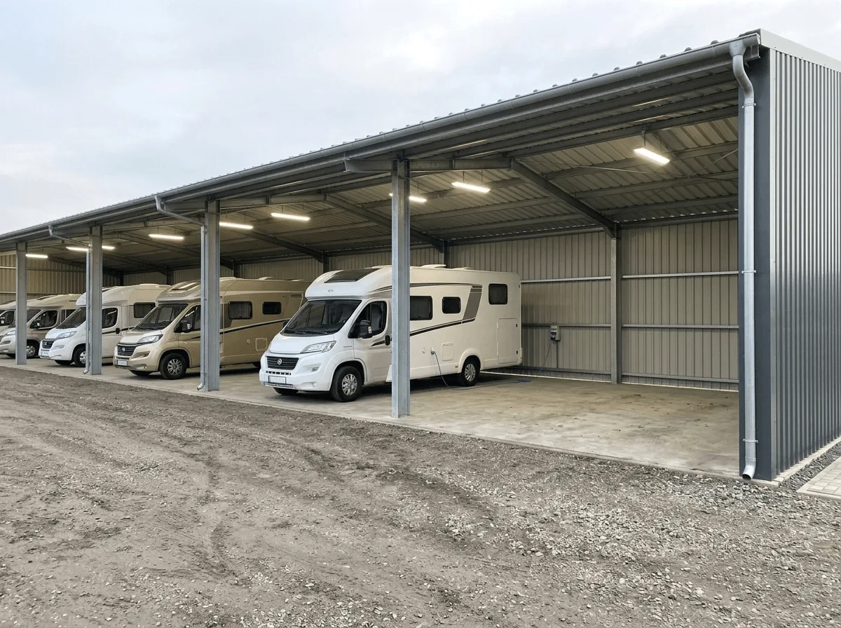 Visualisierung: überdachte Wohnmobil-Einstellhalle mit Stellplätzen